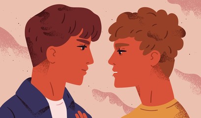 LGBT couple. Portrait of cute young men looking at each other. Pair of romantic partners on date. Homosexual relationship. Concept of love at first sight. Flat vector illustration for Valentine's Day.