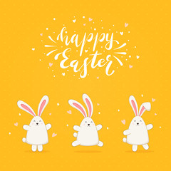 Rabbits with Hearts on Yellow Background and Lettering Happy Easter