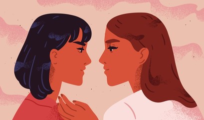 Lesbian couple. Portrait of adorable young women flirting with each other. Homosexual romantic partners on date. Concept of love, passion and homosexuality. Modern flat colorful vector illustration.
