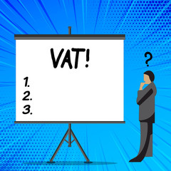 Word writing text Vat. Business photo showcasing Consumption tax levied on sale barter for properties and services Businessman with Question Mark Above his Head Standing Beside Blank Screen