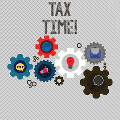 Writing note showing Tax Time. Business concept for when individual taxpayers prepare their financial statements Set of Global Online Social Networking Icons Cog Wheel Gear