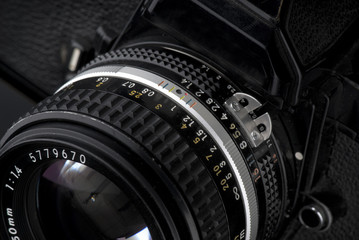Closeup of old retro film camera lens