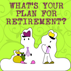Conceptual hand writing showing What S Your Plan For Retirementquestion. Concept meaning Thought any plans when you grow old Figure of Two Men Standing with Pouch Bag White Snow Effect