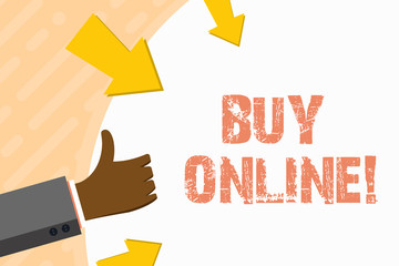 Word writing text Buy Online. Business photo showcasing electronic commerce which allows consumers to directly buy goods Hand Gesturing Thumbs Up and Holding on Blank Space Round Shape with Arrows