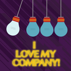 Word writing text I Love My Company. Business photo showcasing tell why admire their job and workplace Color Incandescent Pendant Bulb Hanging with One Different Shade Lightbulb