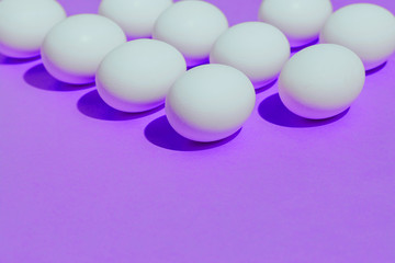 White chicken eggs  with empty space, on a pink purple background. Abstract image