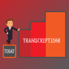 Conceptual hand writing showing Transcription. Concept meaning Written or printed process of transcribing words text voice Businessman Presenting Growth and Success in Graph Columns