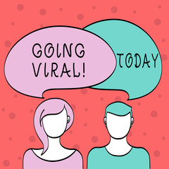 Word writing text Going Viral. Business photo showcasing video or image spread quickly and widely among internet users Blank Faces of Male and Female with Colorful Blank Speech Bubble Overlaying
