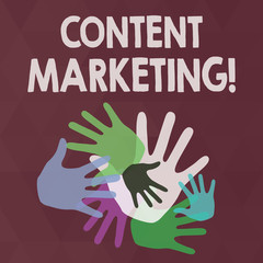 Word writing text Content Marketing. Business photo showcasing involves creation and sharing of online material Color Hand Marks of Different Sizes Overlapping for Teamwork and Creativity