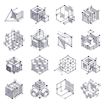 Technical blueprints set, vector black and white digital background with geometric design elements, cubes. Engineering technological wallpaper made with honeycombs.