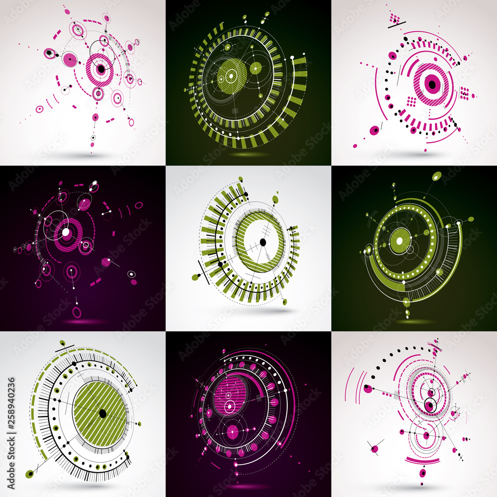 Poster collection of vector abstract backgrounds created in bauhaus retro style. modern geometric compositi