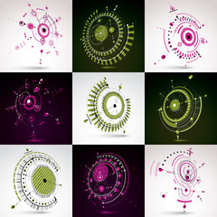 Collection of vector abstract backgrounds created in Bauhaus retro style. Modern geometric composition can be used as templates and layouts. Engineering technological wallpaper made with circles.
