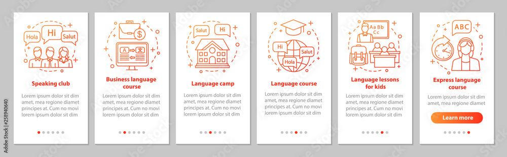 Poster language learning onboarding mobile app page screen vector template
