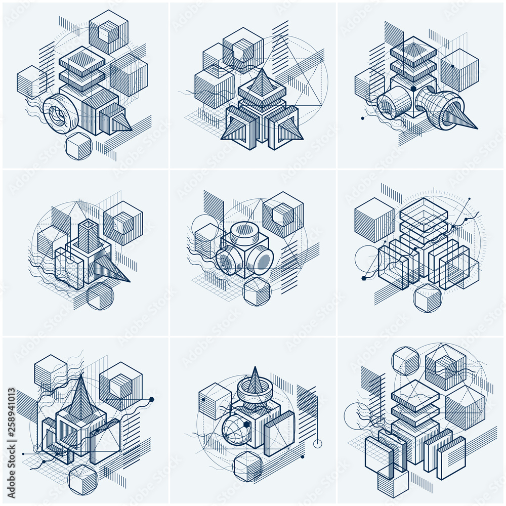 Poster abstract vector backgrounds with isometric lines and shapes. cubes, hexagons, squares, rectangles an