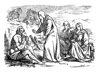 Vintage antique illustration and line drawing or engraving of biblical story of Job.From Biblische Geschichte des alten und neuen Testaments, Germany 1859.Old sick man is talking with three friends