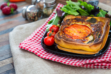 tomato vegetable pie with zucchini and eggplant, chili