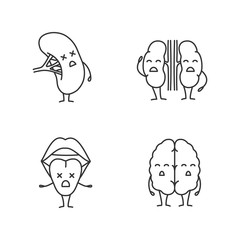 Sad human internal organs characters linear icons set