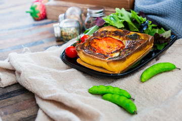 tomato vegetable pie with zucchini and eggplant, chili