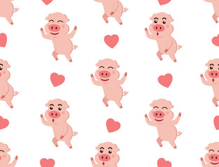 Obraz premium Seamless pattern cute piggy with hearts on white background - Vector illustration 