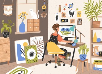 Female graphic designer, illustrator or freelance worker sitting at desk and work on computer at home. Creativity process, creative workplace. Modern vector illustration in flat cartoon style. - obrazy, fototapety, plakaty
