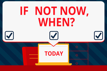 Handwriting text writing If Not Now When Question. Conceptual photo start acting from this moment do not hesitate Blank Huge Speech Bubble Pointing to White Laptop Screen in Workspace Idea