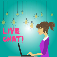 Word writing text Live Chat. Business photo showcasing Web service that allows businesses or friends to communicate photo of Young Busy Woman Sitting Side View and Working on her Laptop