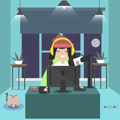 Young character sitting at computer desk.Streaming.Night roomFlat cartoon design.Clip art