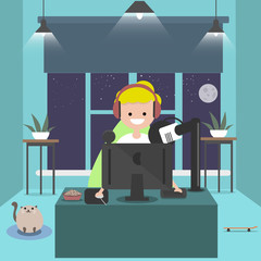 Young character sitting at computer desk.Streaming.Night roomFlat cartoon design.Clip art