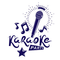 Karaoke party invitation poster, live music vector concert advertising leaflet composed using stage or recorder microphone and musical notes.