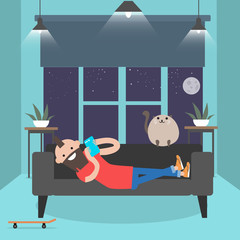 Young character lying on a sofa with smartphone. . Modern lifestyle.Flat cartoon design.clip art