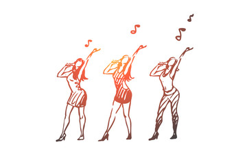 Music, dance, woman, singer, performance concept. Hand drawn isolated vector.