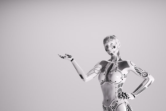 Modern Female Robot On White Background.