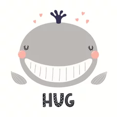 Hand getekende vectorillustratie van een schattig grappig walvisgezicht, met belettering citaat knuffel. Geïsoleerde objecten op een witte achtergrond. Scandinavische stijl plat ontwerp. Concept voor kinderen afdrukken. © Maria Skrigan
