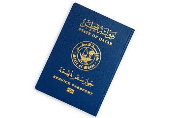 Blue service biometric passport of the State of Qatar isolated on white background