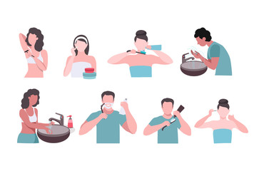 collection of people brushing teeth and clean shaven on white background. woman put cream on her face