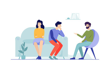 Family couple sitting on the couch talking to male