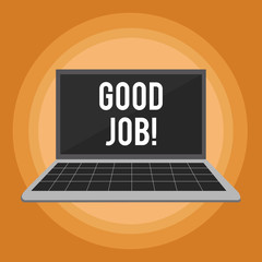 Writing note showing Good Job. Business concept for used for praising someone for something they have done well Laptop with Grid Design Keyboard Screen on Pastel Backdrop