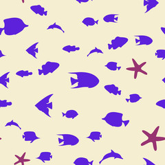 Underwater scene. Colorful fish groups in clean sea water. Seamless vector EPS 10 pattern