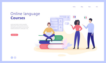 Online language courses concept web banner illustration
