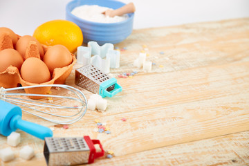 Baking or cooking ingredients. Bakery frame. Dessert ingredients and utensils.