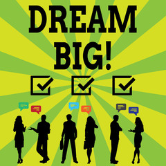Handwriting text writing Dream Big. Conceptual photo seeking purpose for your life and becoming fulfilled in process Silhouette Figures of Business PeopleTalking with Gestures and Text Balloon