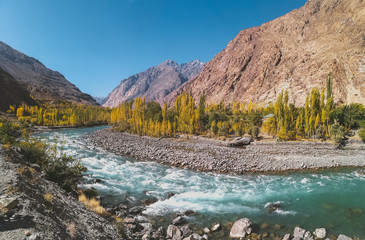 Fototapeta na wymiar Gilgit river flowing through Gupis, with a view of mountain range and trees in autumn. Ghizer, Gilgit Baltistan, Pakistan.