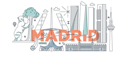 Typography word Madrid branding technology concept. Collection of flat vector web icons. Spain culture travel set, architectures, specialties detailed silhouette. Doodle European famous landmarks. - obrazy, fototapety, plakaty