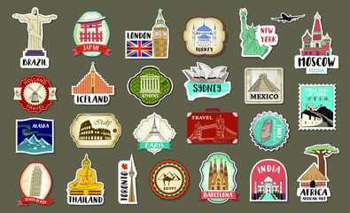 Travel hand drawn labels, tags, stickers and elements set with landmarks of the world. - obrazy, fototapety, plakaty