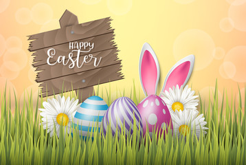 Happy Easter background with realistic 3d colorful eggs, wooden sign, and daisy flowers on orange backdrop. Vector illustration.