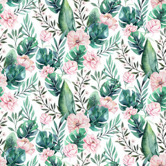 Hand drawn watercolor tropical bird flamingo seamless pattern . Exotic rose bird illustrations, jungle tree, brazil trendy art. Perfect for fabric design. Aloha collection.