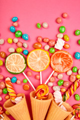 Ice cream waffles cones with colorful candy