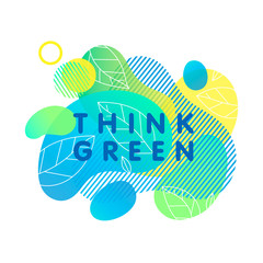 Eco concept with bright liquid shapes,tiny leaves and geometric elements.Fluid composition perfect for Earth Day,prints,logos,flyers,banners design and more.Think green.