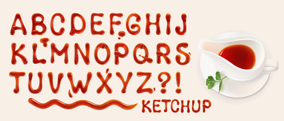 ketchup font. set of vector letters of tomato sauce - obrazy, fototapety, plakaty