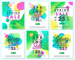 Collection of spring special offer banners.Trendy templates with gradient backgrounds,fluid shapes and geometric elements.Sale posters for prints,flyers,web banners,promotional ads,special offers.